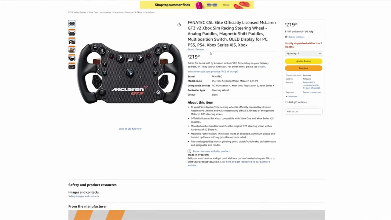 Expédié et vendu par Amazon : c'est ce qu'il faut regarder. Ce McLaren GT3 V2 à 219,95 € a depuis été arrêté par Fanatec.