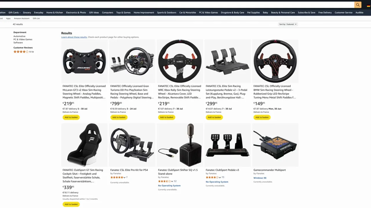 Sur Amazon.de, surtout des volants CSL, un pédalier et le bundle GT DD Pro à 799 €. Le Podium, lui, restait réservé au site de Fanatec.