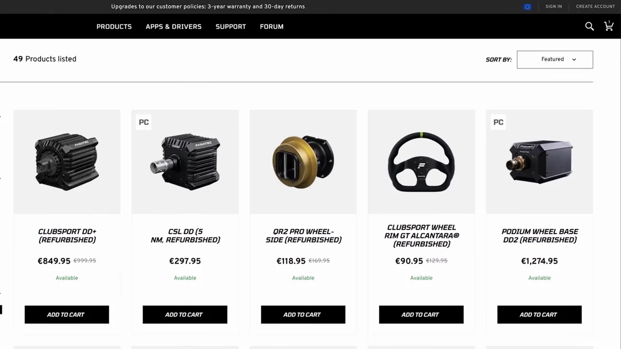 Le 17 juin 2025, 49 produits sur la page. La ClubSport DD+ reconditionnée à 849,95 € : aujourd'hui, Fanatec la vend neuve à 799,95 €.