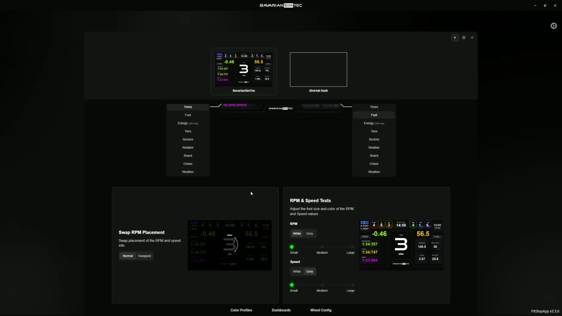L'éditeur de dashboard : on choisit ce qu'affiche chaque case, jusqu'à la taille et la couleur du régime et de la vitesse.