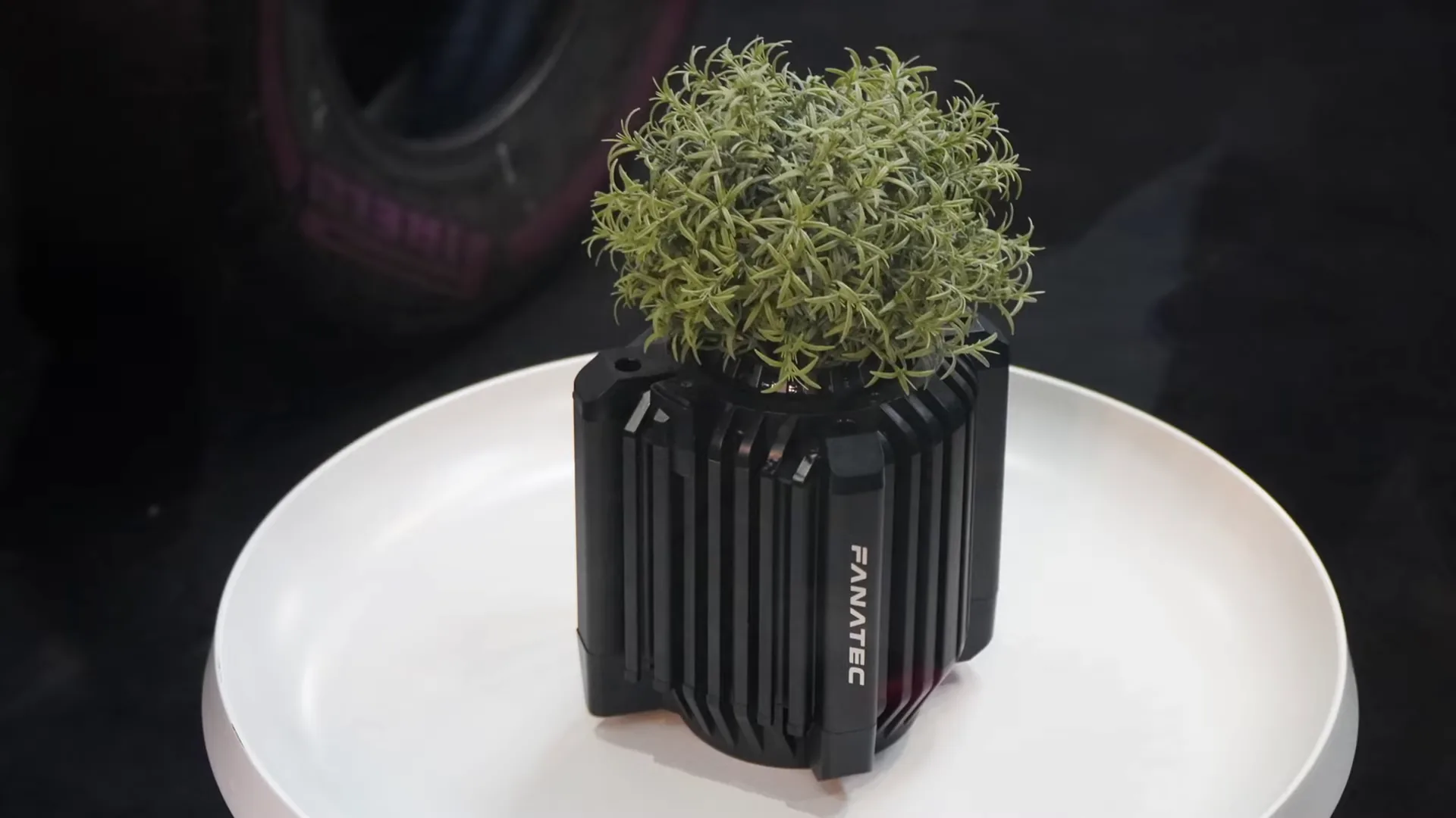 Le clin d'œil du stand Fanatec : une base transformée en pot de fleurs. J'ai du mal à savoir comment le prendre, mais ça m'a fait rire.