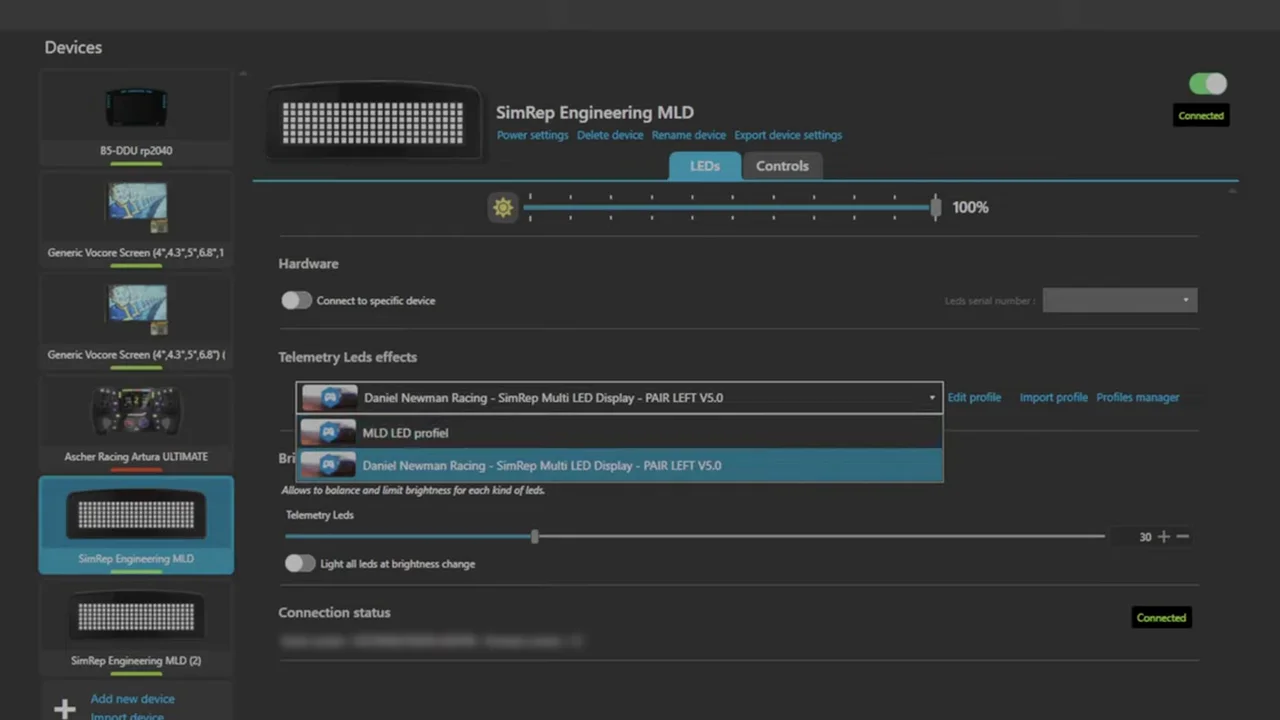 La liste des profils du MLD dans SimHub : celui de SimRep, et celui de Daniel Newman Racing, ici pour le MLD de gauche d'une paire. La luminosité, elle, est à 30.