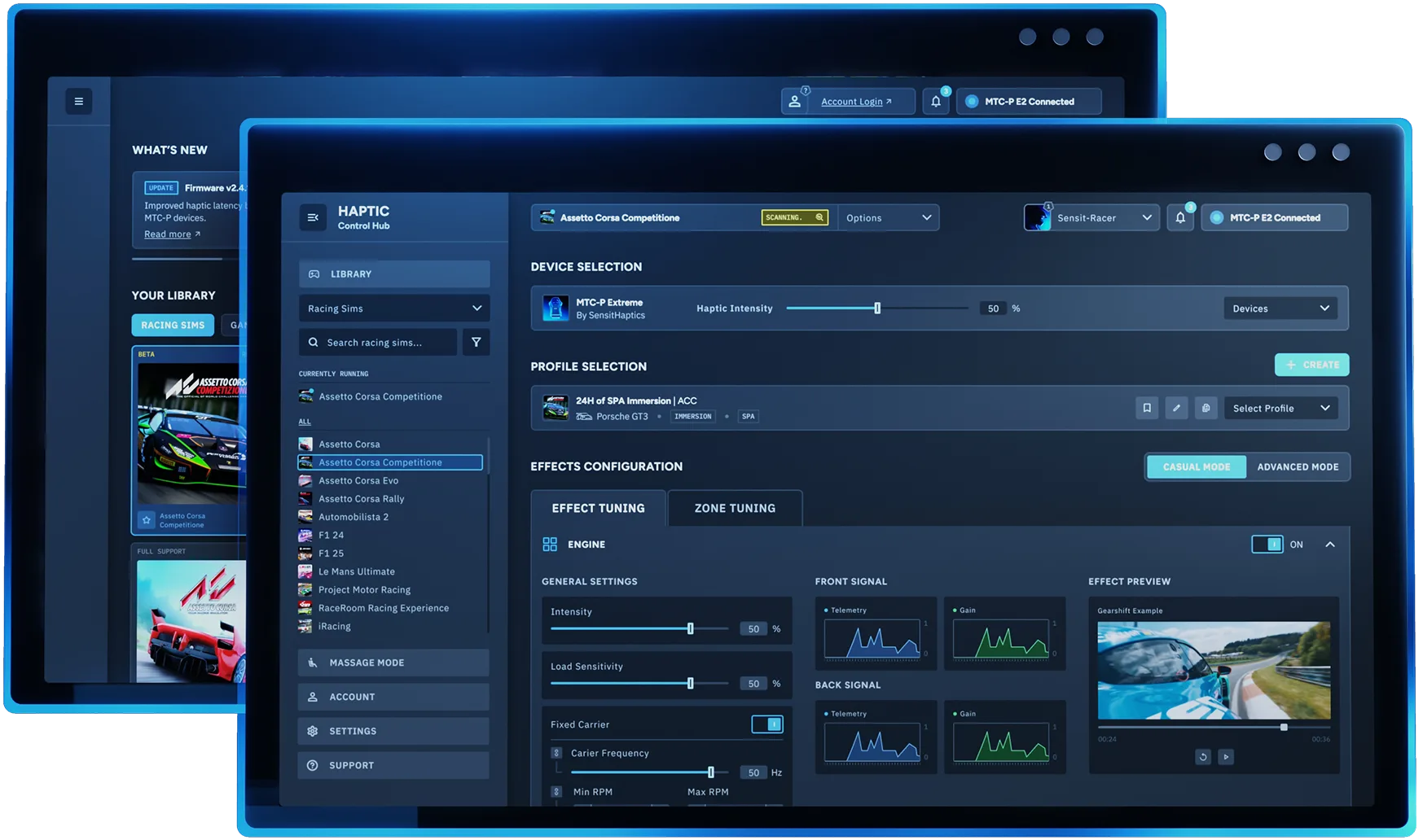 L'application v2 de Sensit, visuel Sensit Haptics. C'est elle qui règle les sièges haptiques de la marque, et elle passe maintenant sur PS5.