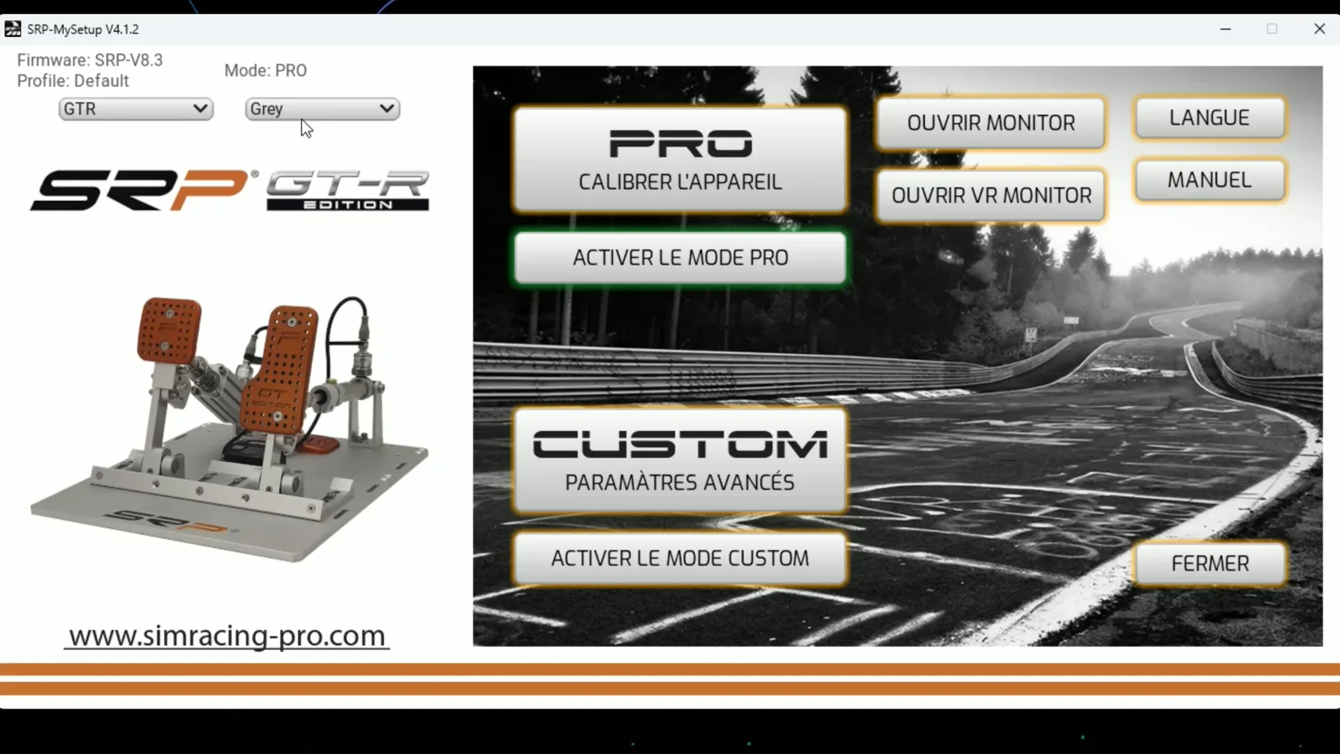 Le menu principal de SRP-MySetup, en français : deux modes, PRO pour les réglages de base et CUSTOM pour les réglages avancés
