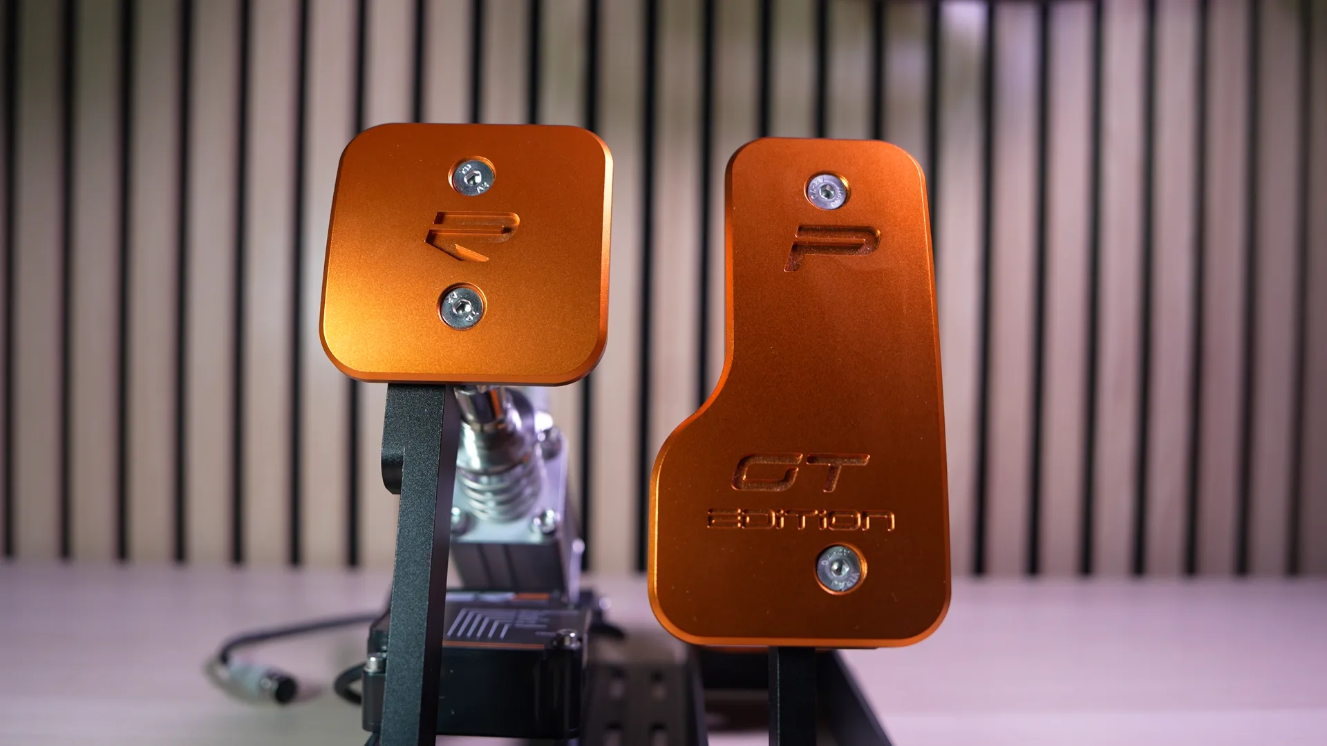 Les deux plaques de face : l'accélérateur à gauche, plus petit, et la plaque de frein gravée GT Edition
