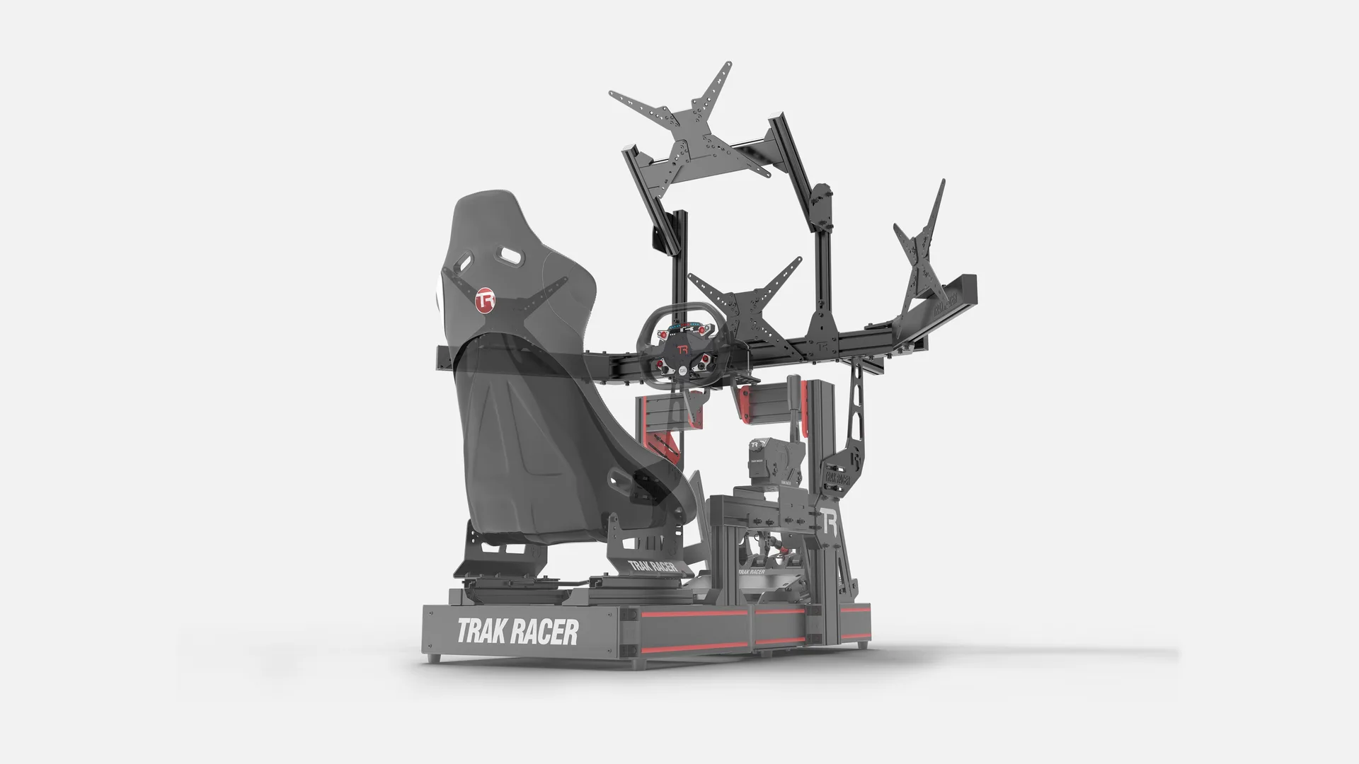 Sur un cockpit Trak Racer et son support triple intégré, le même kit devient le quatrième écran, au-dessus des trois autres. Visuel Trak Racer.