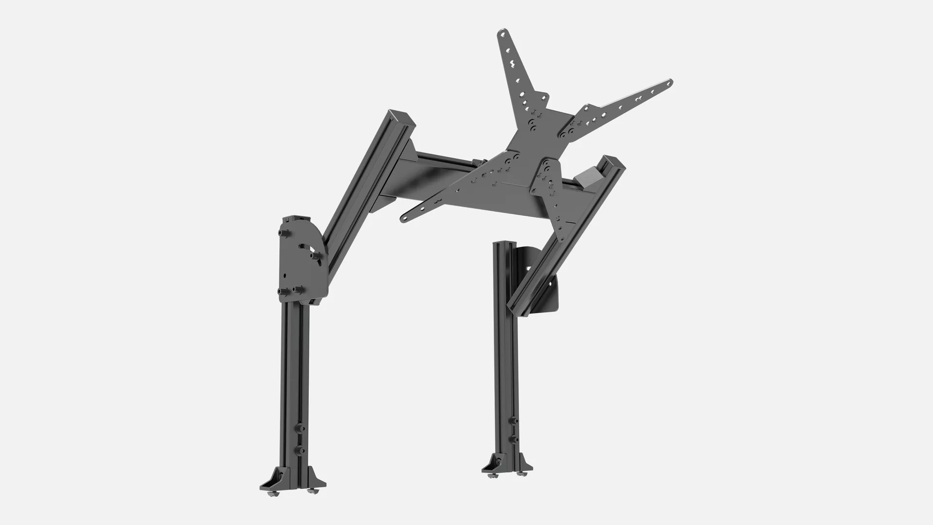 Le kit seul, tel que Trak Racer le présente : deux montants, deux bras sur plaques de pivot, une traverse et une plaque VESA jusqu'à 400 mm. Visuel Trak Racer.