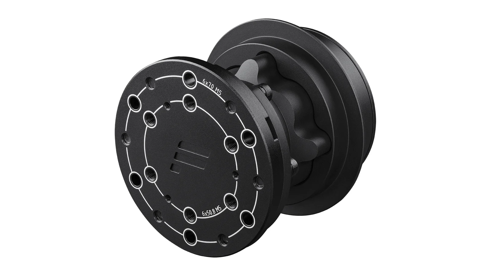 Le Wheel Hub de Fanatec : un plateau percé en 6 × 70 et en 6 × 50,8 mm, sans port pour palettes ni pour module. Visuel Fanatec.