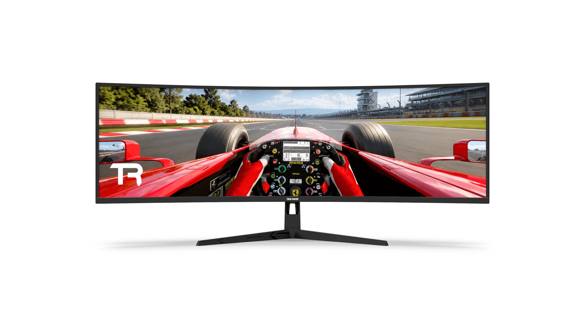 Visuel Trak Racer : un 49 pouces 32:9, soit deux 27 pouces sans jointure. Une seule dalle, un seul câble vidéo, et 599 € le 28 octobre 2026.