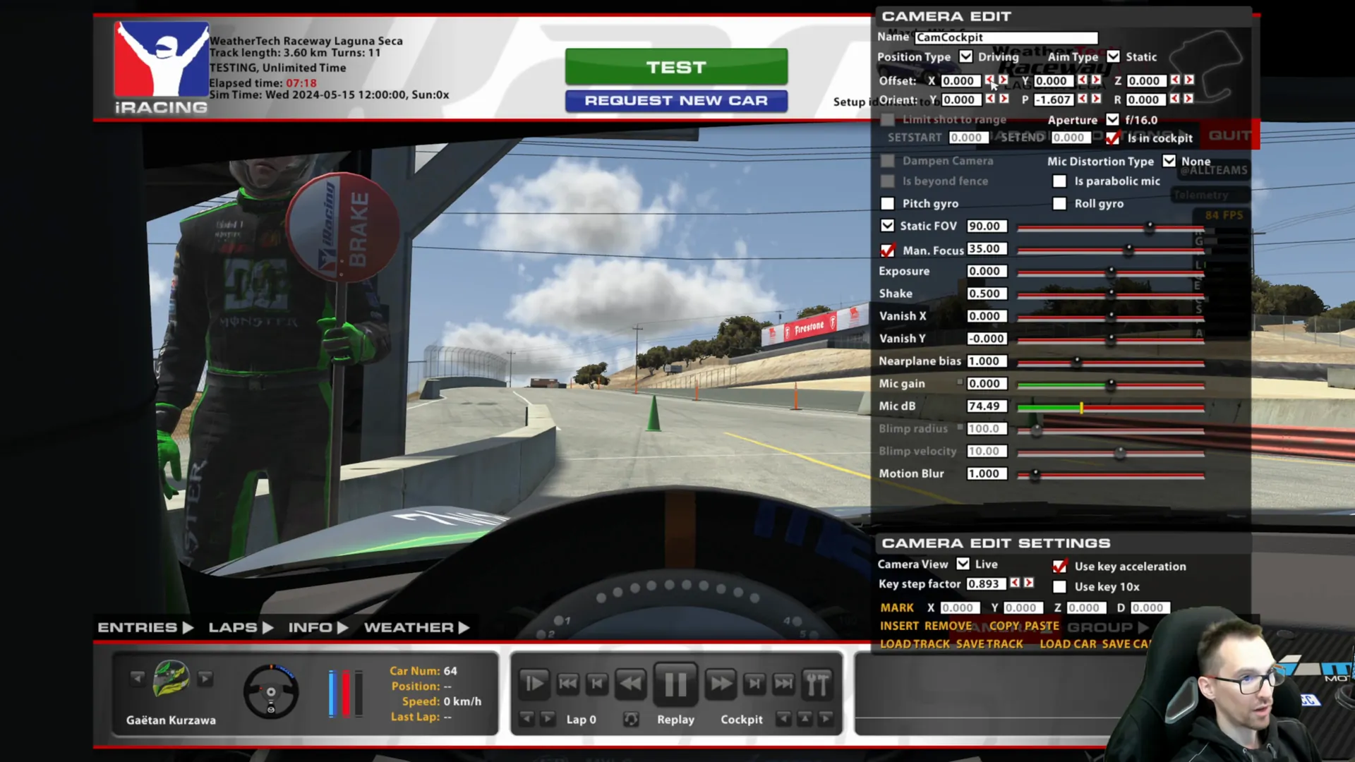 L'éditeur de caméra, ouvert avec Ctrl+F12. Je n'ai touché qu'à la hauteur, le Z, pour sortir le volant virtuel de mon champ de vision.