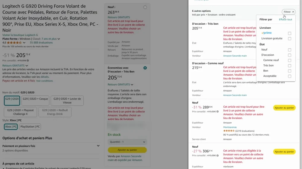 Au moment de la vidéo, sur Amazon : le G920 à 263,96 € neuf, ou 205,75 € en « très bon état » chez Amazon Seconde main. Près de 60 € d'écart.