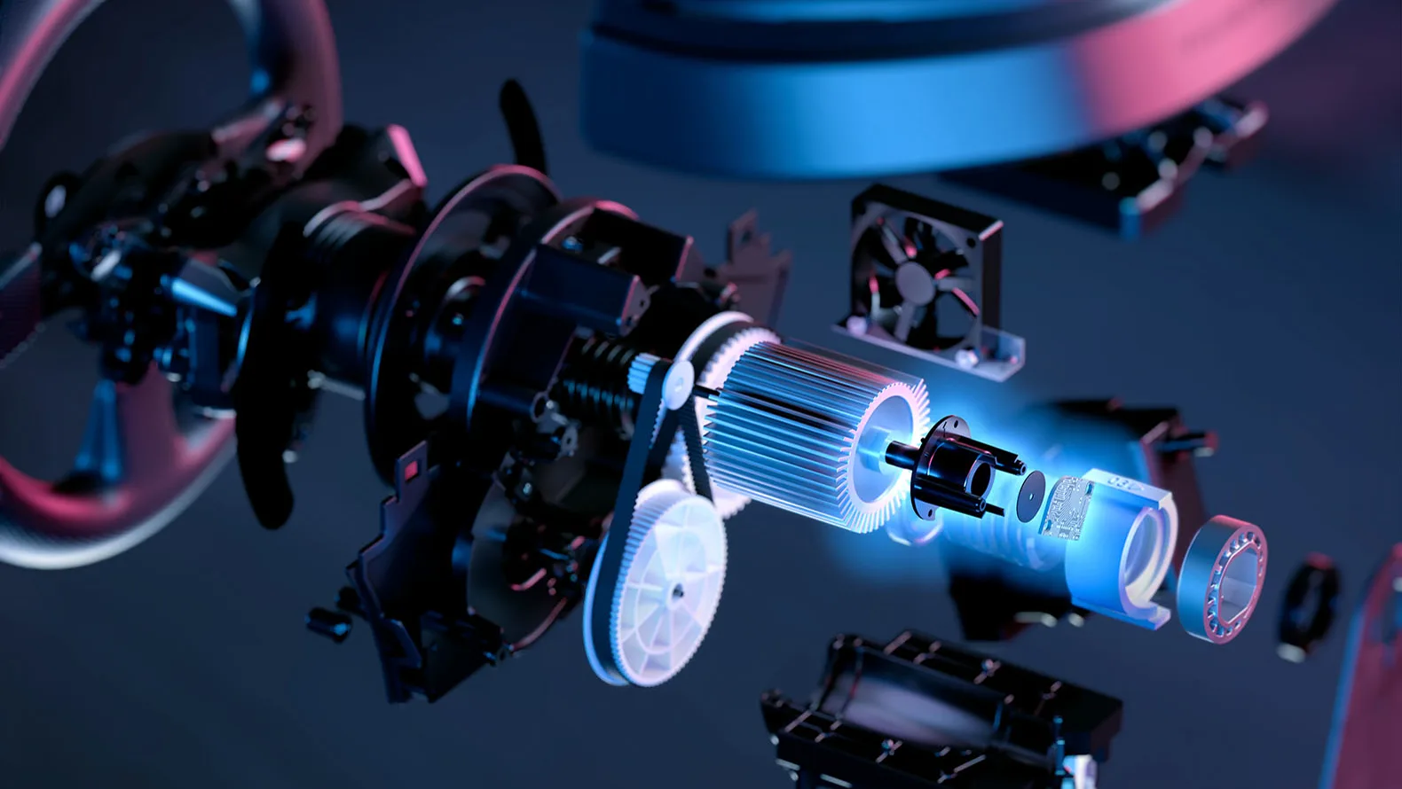 Sous le capot de la T300 : un moteur brushless et une double courroie, censée supprimer les zones mortes d'après Thrustmaster. Pas encore du direct drive. Visuel Thrustmaster.