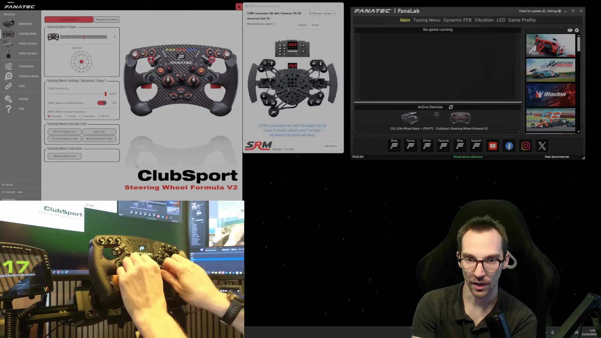 Le volant Formula V2, reconnu dès qu'il est clipsé. Pour FanaLab, le kit SRM se fait passer pour une base Fanatec, une CSL Elite ici.