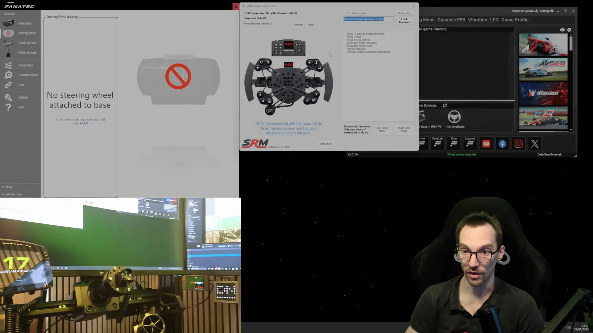 L'outil SRM de ma vidéo, juste après la mise à jour du kit. Il le dit lui-même : le kit passe par les pilotes Fanatec, et toutes les fonctions du volant marchent.