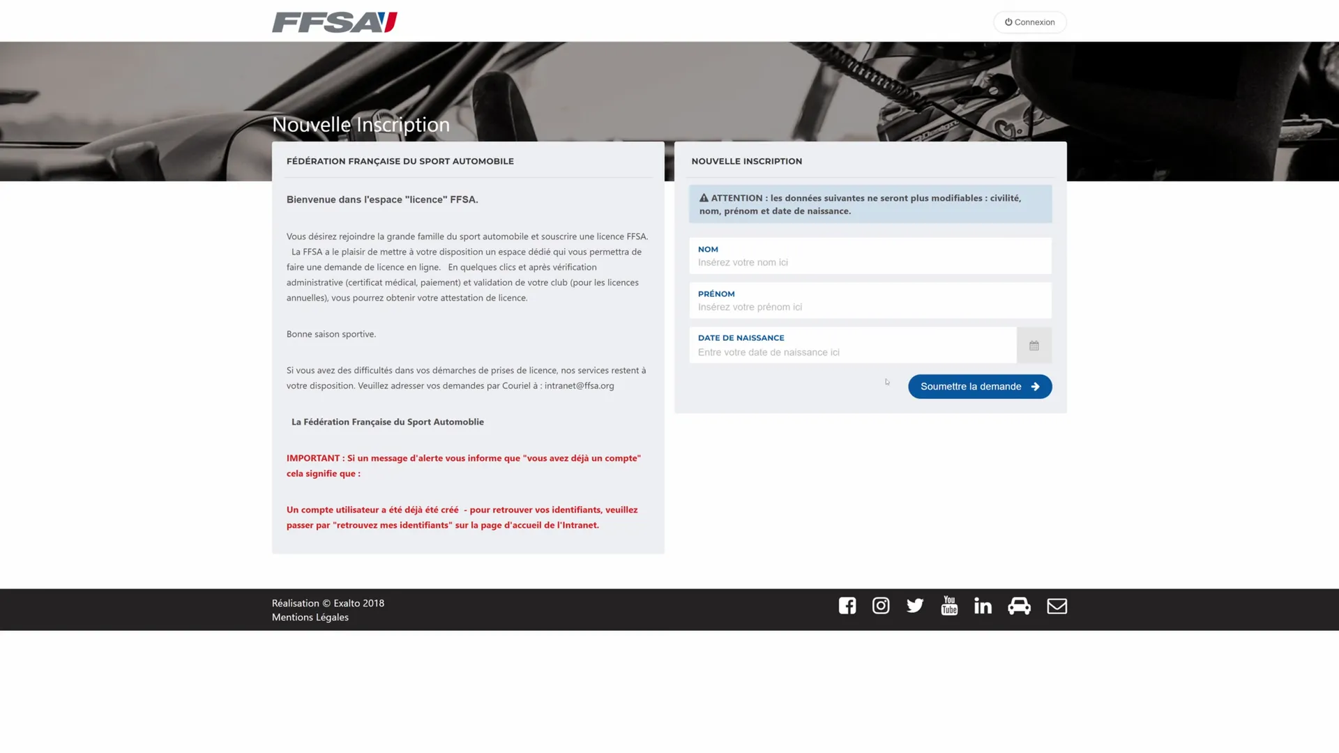 Nom, prénom, date de naissance : la FFSA vérifie d'abord que personne n'a déjà une licence à votre nom. Relisez-vous, ces champs ne se modifient plus ensuite.