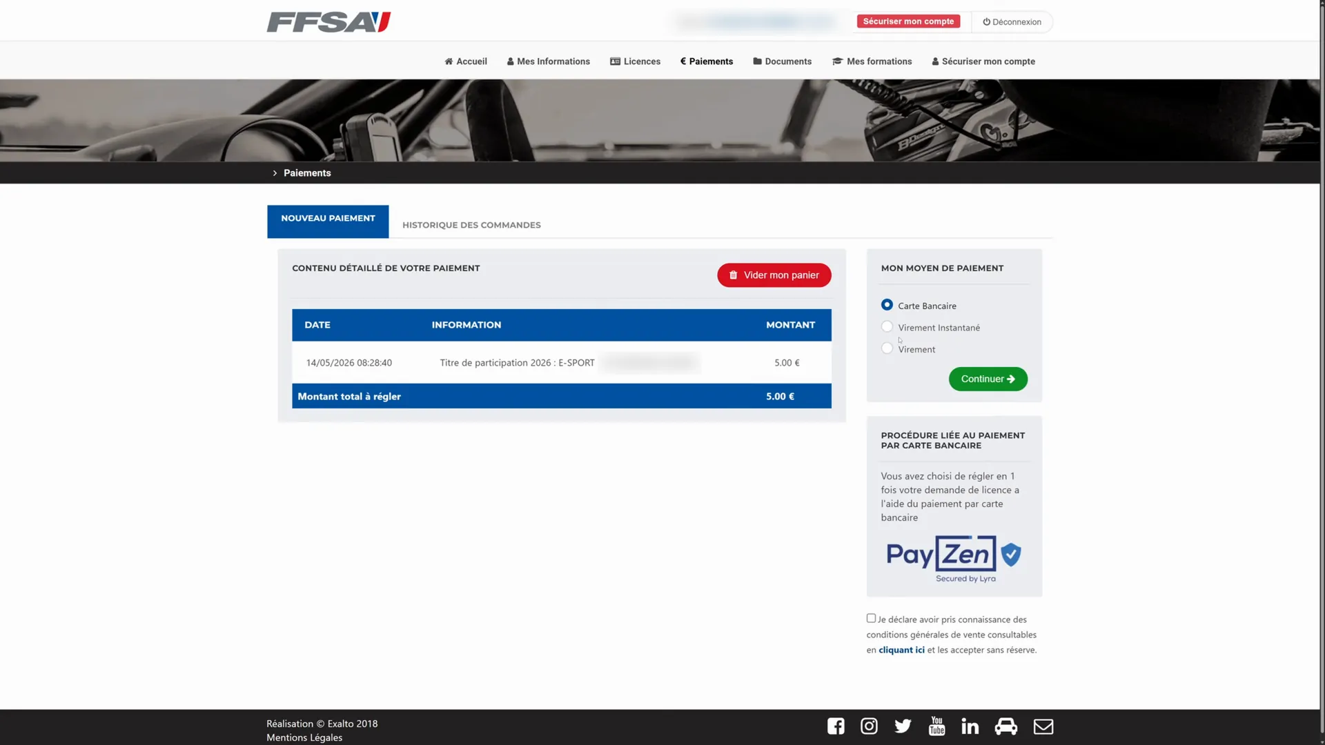 L'écran propose aussi deux sortes de virement, mais la page E-Sport de la FFSA parle d'un paiement par carte : c'est celui que j'ai choisi.