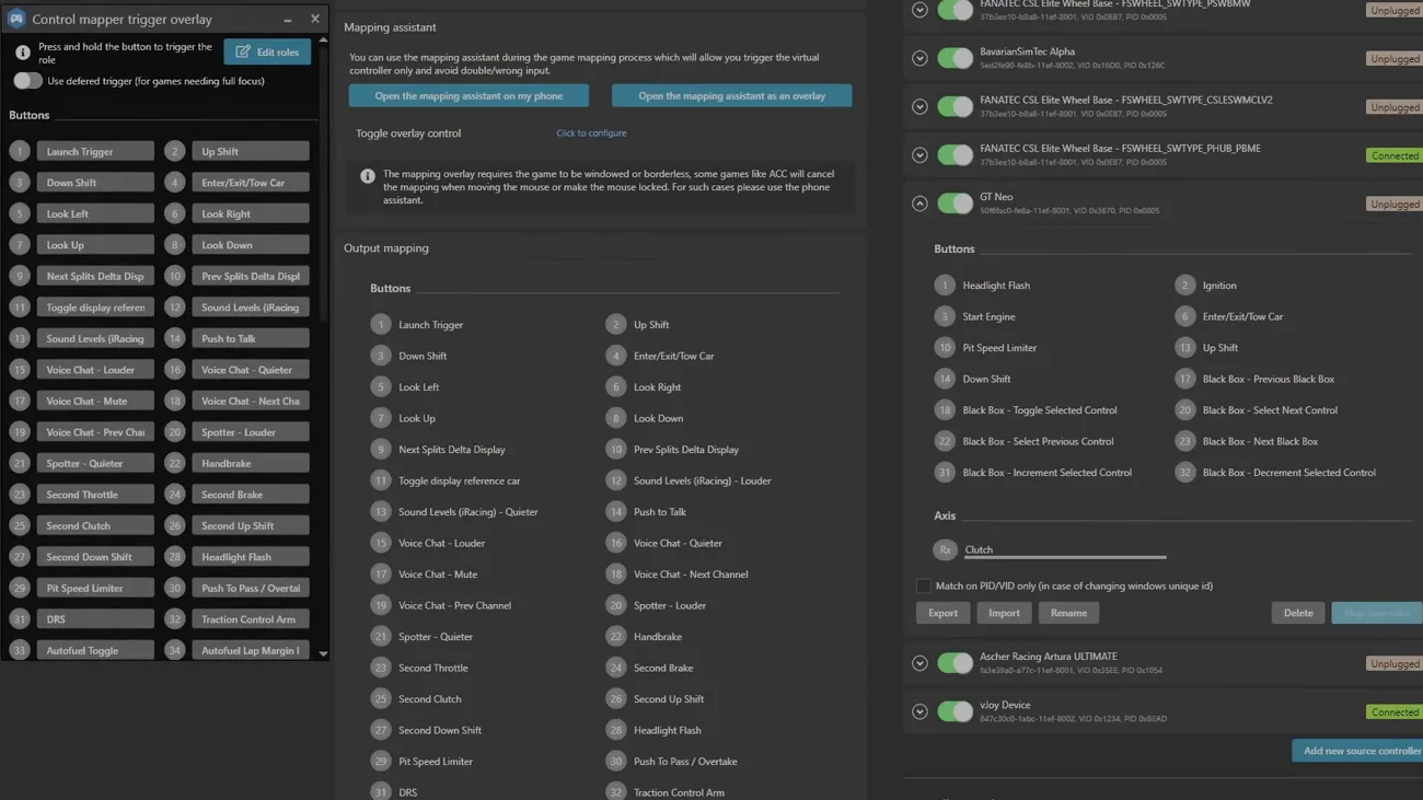 Deuxième option, l'overlay : les mêmes rôles, sur l'écran du PC. Et à droite, mon GT Neo, avec son embrayage mappé comme un axe.