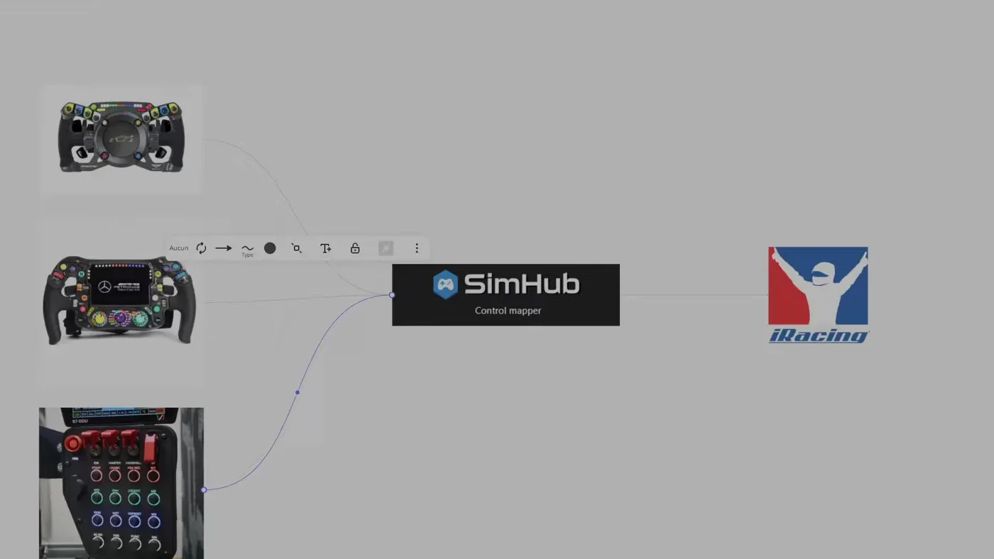 Tout ce qui a des boutons passe par SimHub, et iRacing ne voit plus qu'une seule manette. C'est tout le principe du Control Mapper.