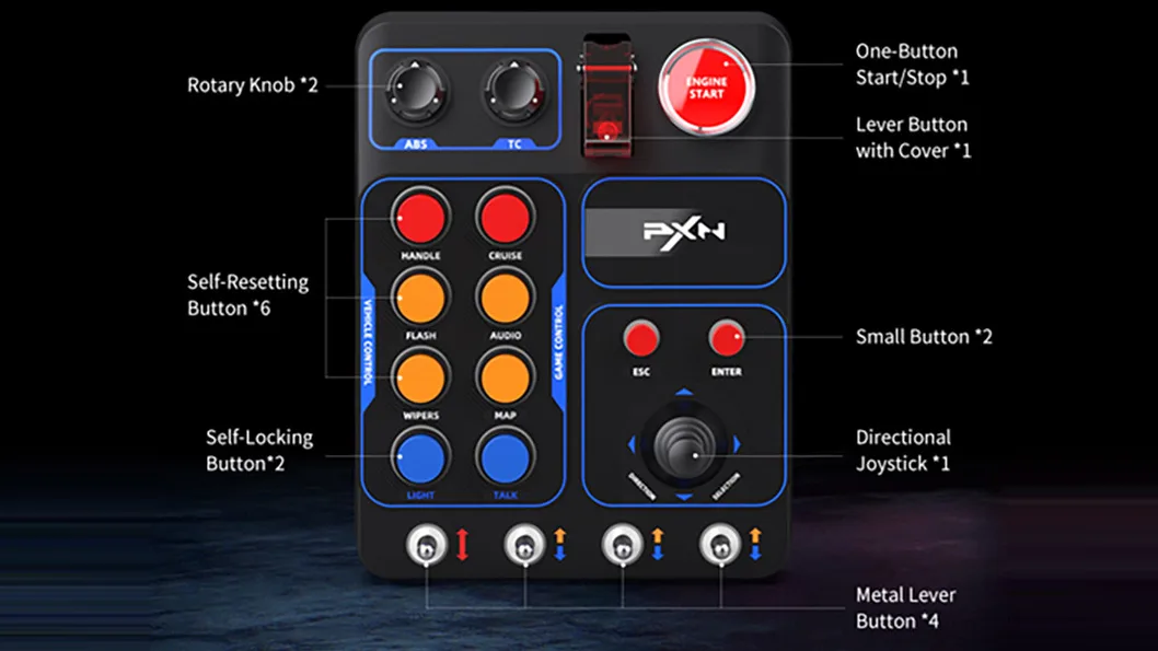 Visuel PXN. Six boutons qui reviennent, deux qui restent enfoncés, deux petits pour ESC et ENTER : 30 commandes en tout, d'après PXN.