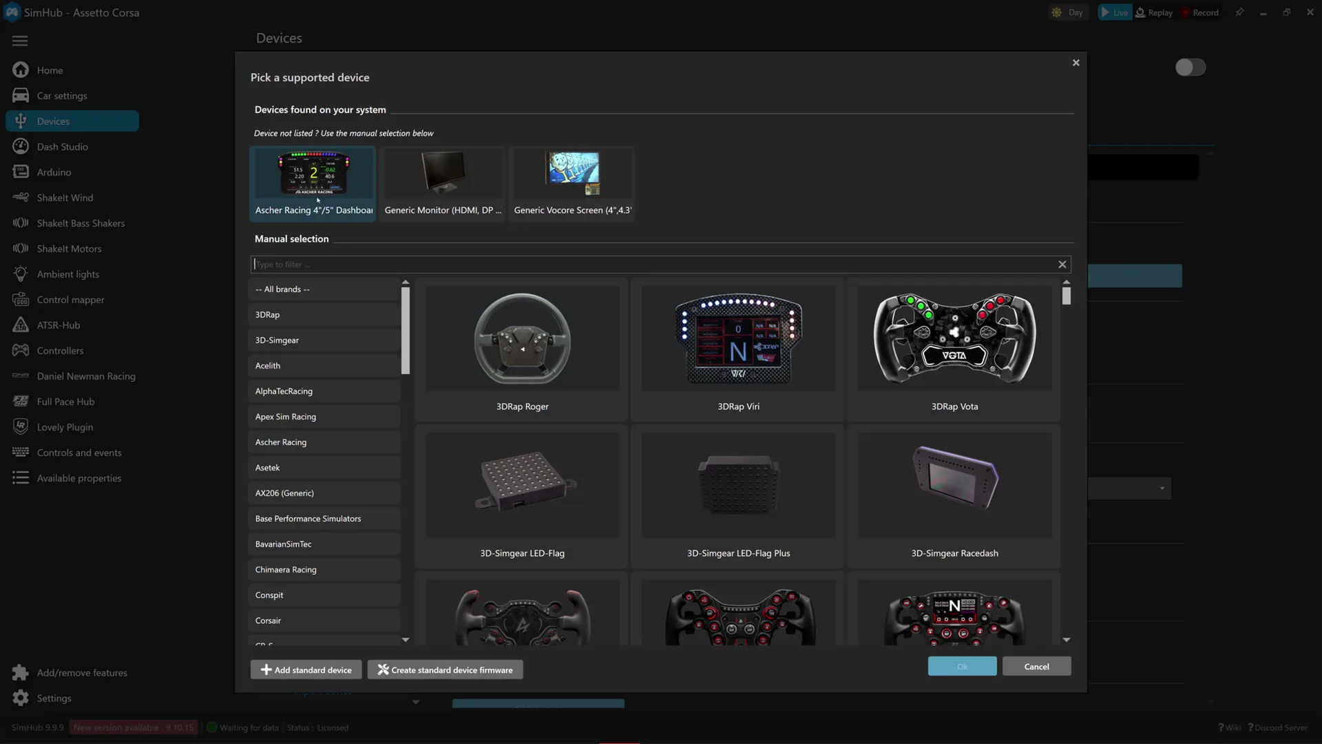 Dans SimHub, rien de spécial : le dashboard est détecté directement, sous son propre nom. Un clic, et il est ajouté.