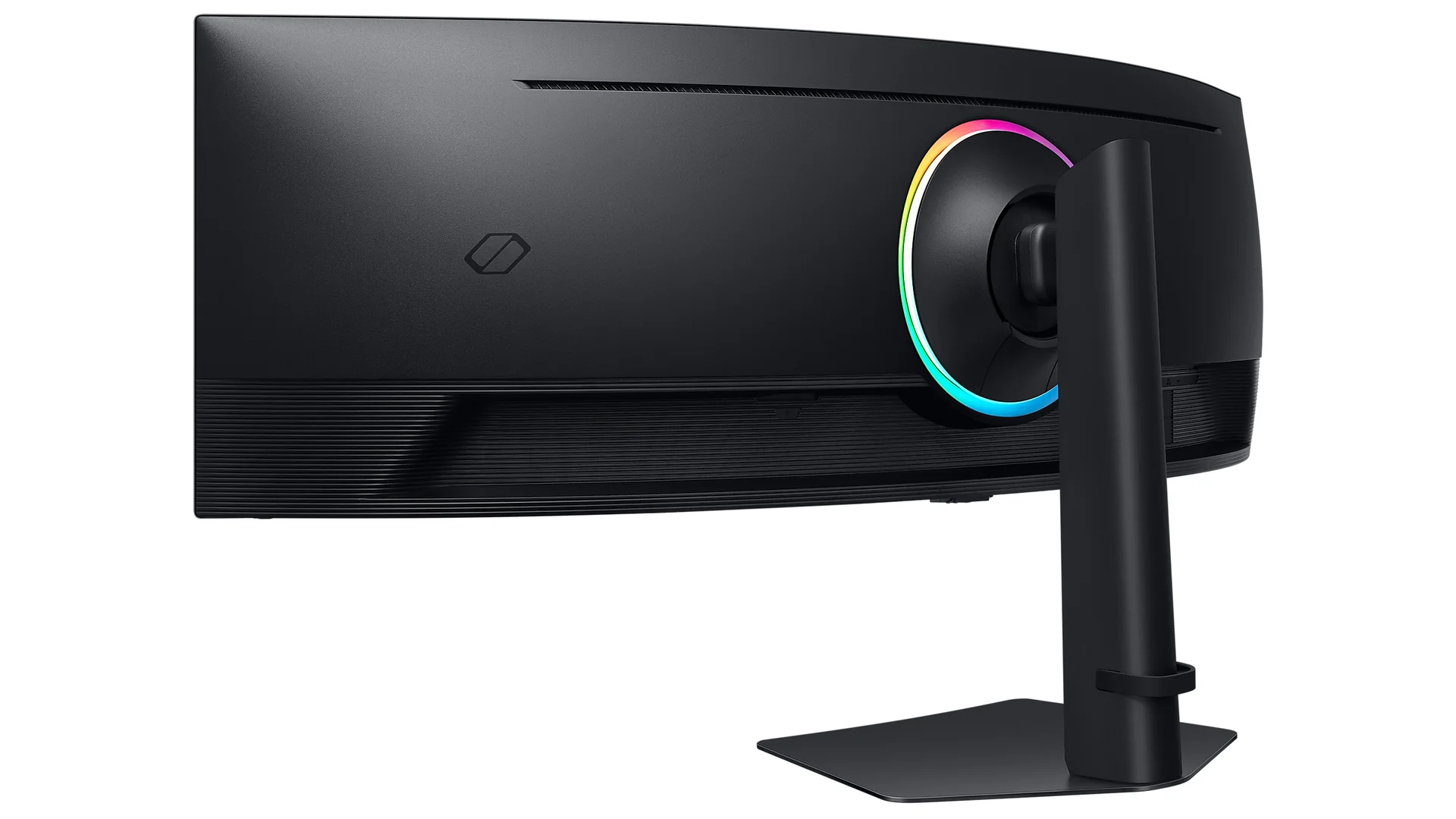 Visuel Samsung : le même dos noir, avec l'anneau Infinity Core Lighting allumé autour de la fixation. Sur un châssis, le pied d'origine reste dans le carton.