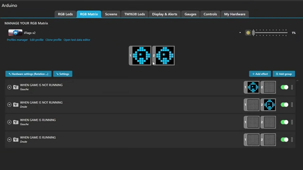 Mon profil « iFlags x2 » dans l'onglet RGB Matrix : un groupe « Gauche », un groupe « Droite », et pas une ligne de code.