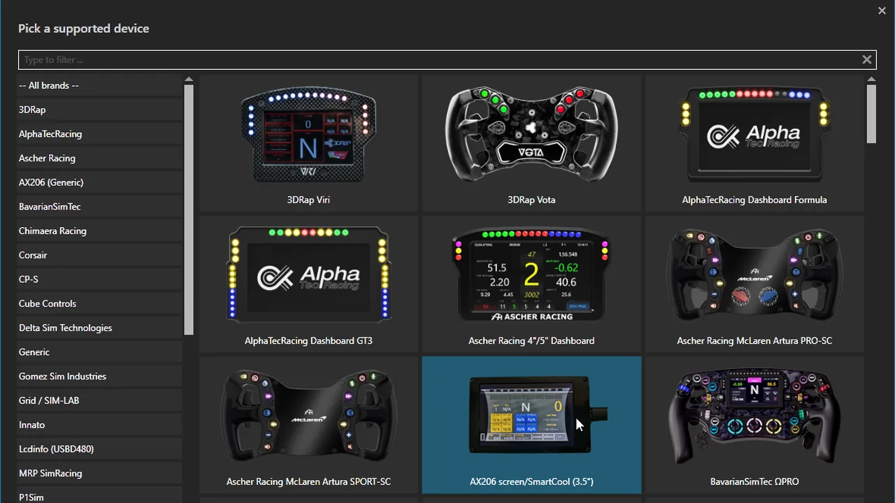 Le matériel reconnu se choisit par marque, d'Ascher Racing à Cube Controls en passant par Sim-Lab : plus de 200 appareils, d'après l'éditeur. Visuel SimHub.