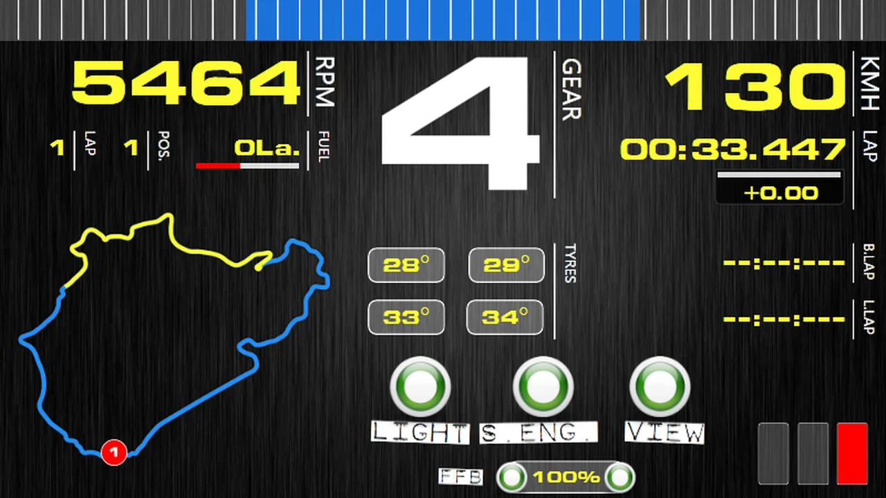 Un exemple de ce qu'on peut construire dans Dash Studio : régime, rapport, chrono, pneus et tracé du circuit. Visuel SimHub.