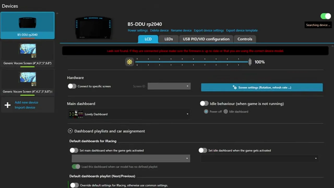 L'onglet Devices : chaque écran a sa propre page, avec son dashboard principal. Sur mon B5-DDU, c'est le Lovely Dashboard.