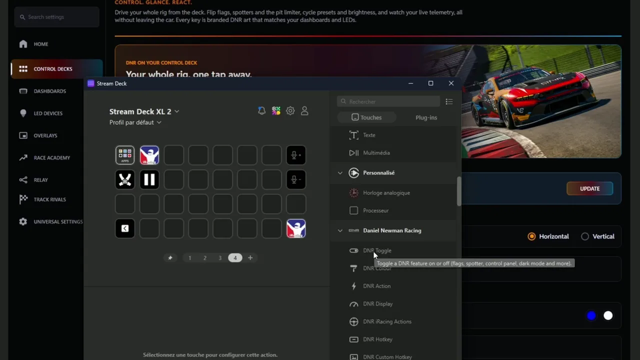 Mon Stream Deck XL dans le logiciel d'Elgato : les actions du plugin se glissent sur les touches, comme n'importe quelle autre action.