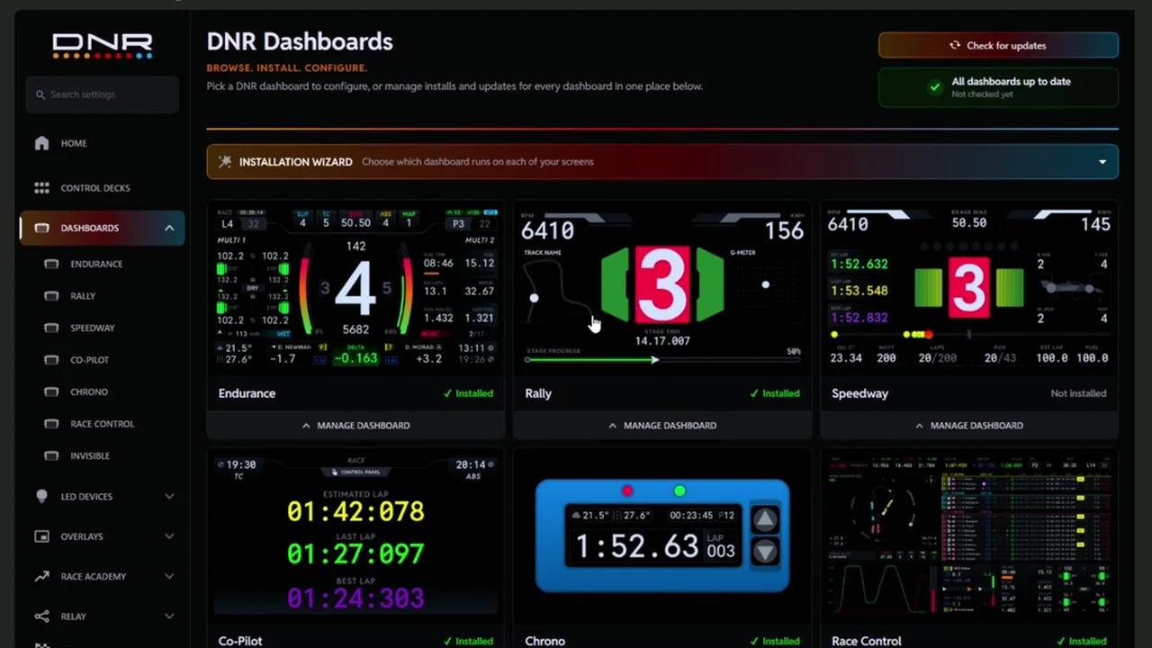 Six des sept dashboards. Chez moi, l'Endurance, le Co-Pilot, le Chrono et le Race Control ont chacun leur écran.