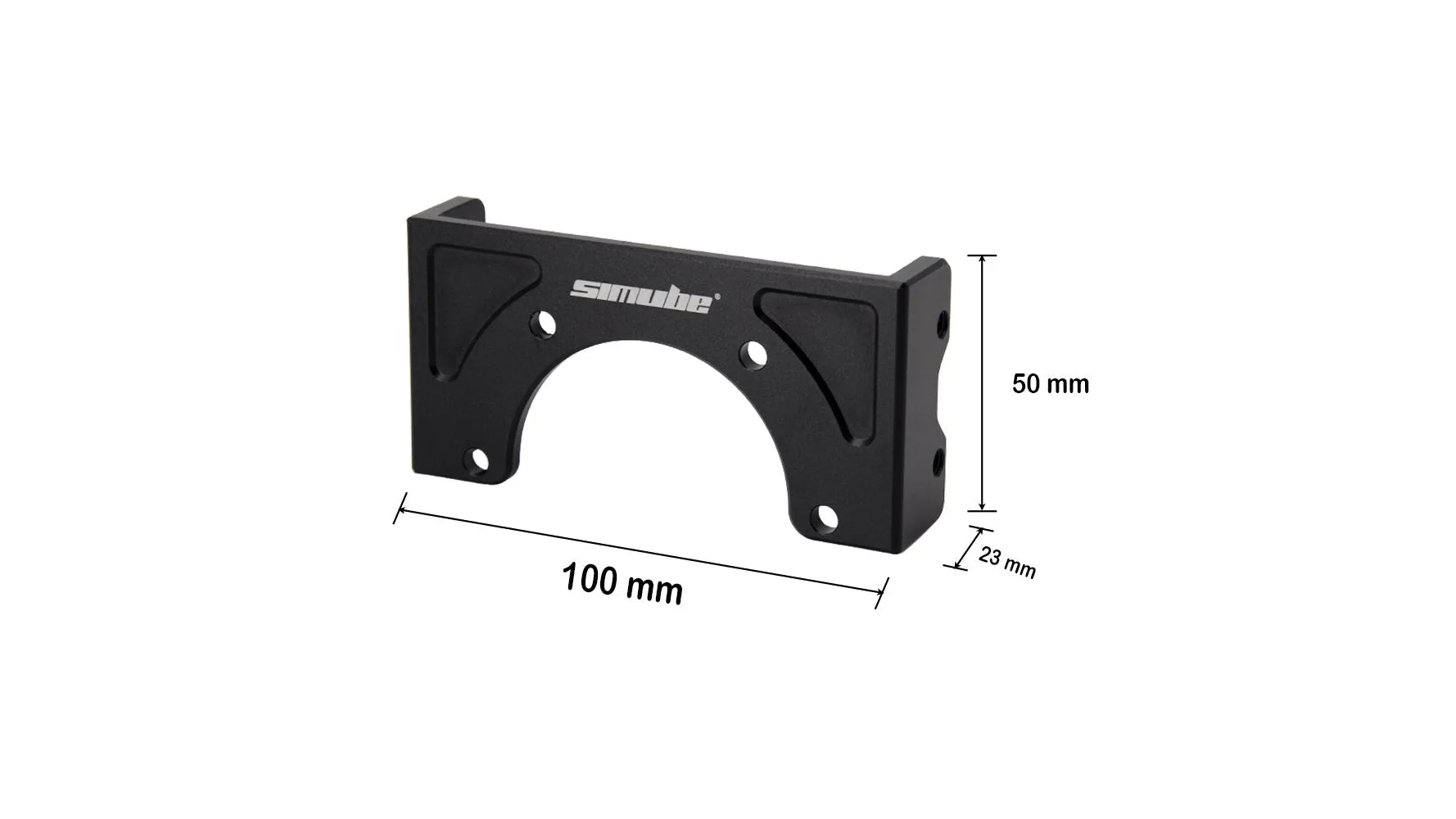 100 × 50 × 23 mm : l'adaptateur seul, en aluminium usiné et anodisé d'après Simube, qui porte les deux mécanismes. Visuel Simube.