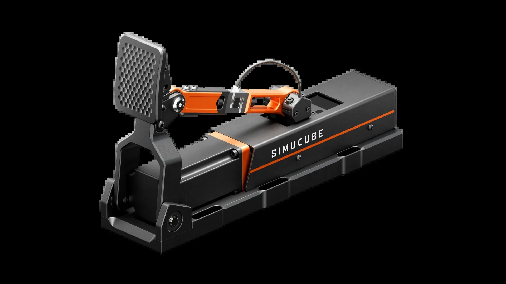 Un moteur dans le boîtier, un bras orange, et tout le reste dans le logiciel. Jusqu'à 170 kg d'après Simucube. Visuel Simucube.