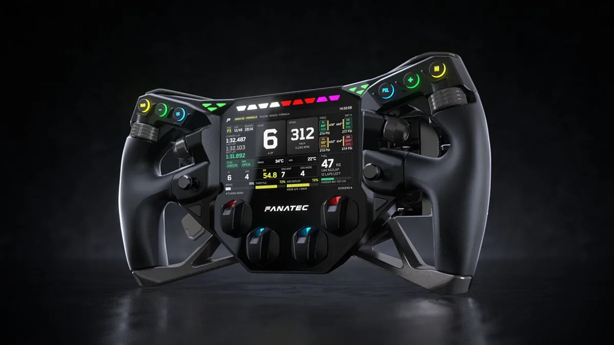 Le volant à écran que je demandais en 2024 : le Project Obsidian et son écran de 5 pouces. Encore un prototype, prévu pour 2027. Visuel Fanatec.