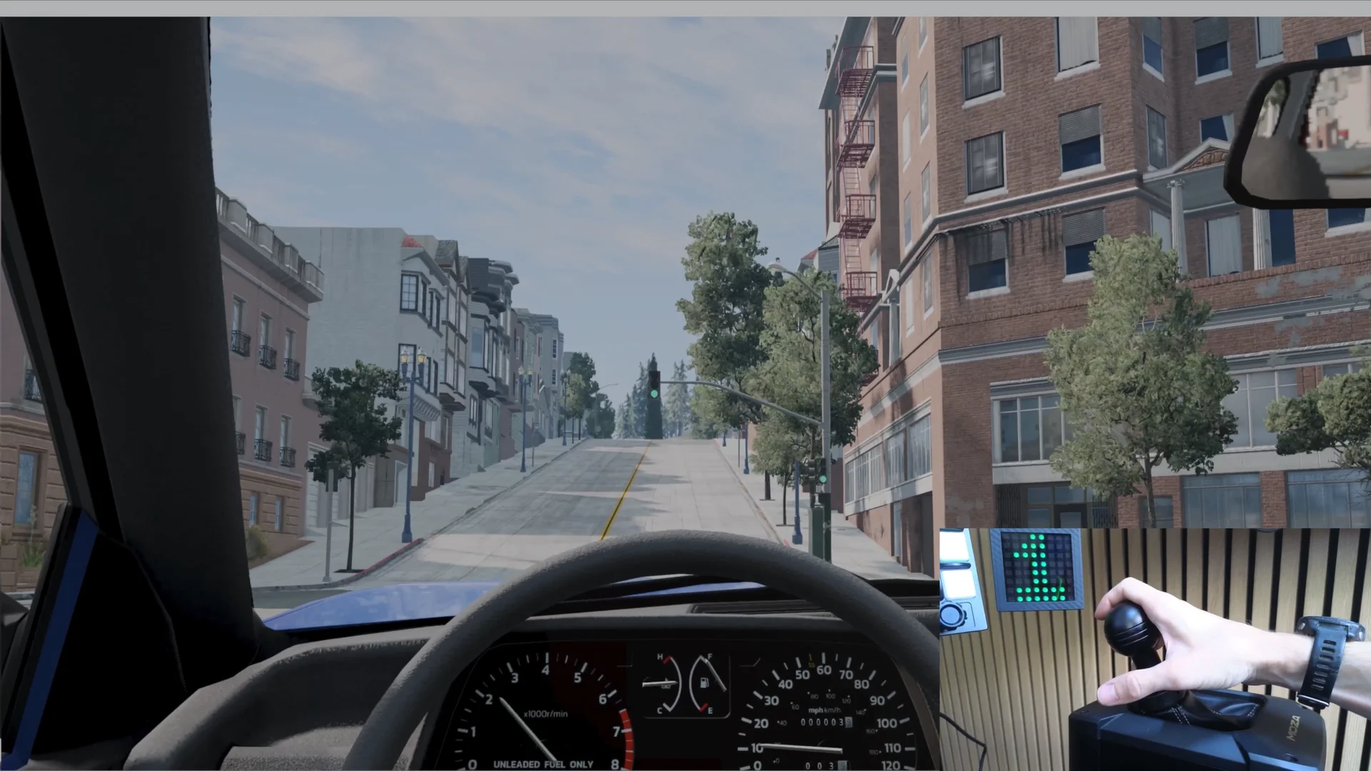 Session BeamNG.drive en ville, main sur le levier