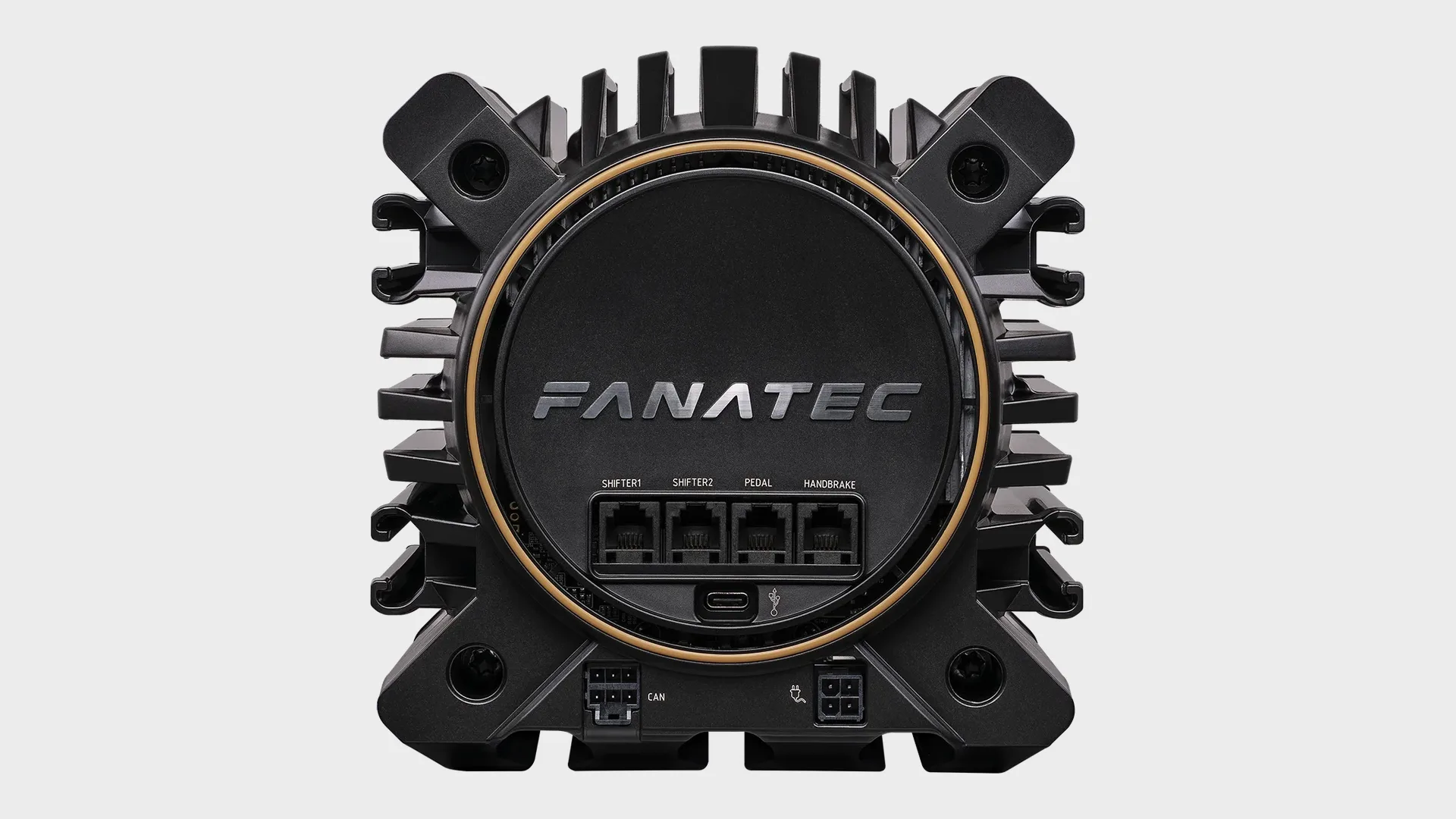 Deux ports shifter, un pédalier, un frein à main, et un port CAN gardé pour de futurs périphériques, d'après Fanatec. Visuel Fanatec.