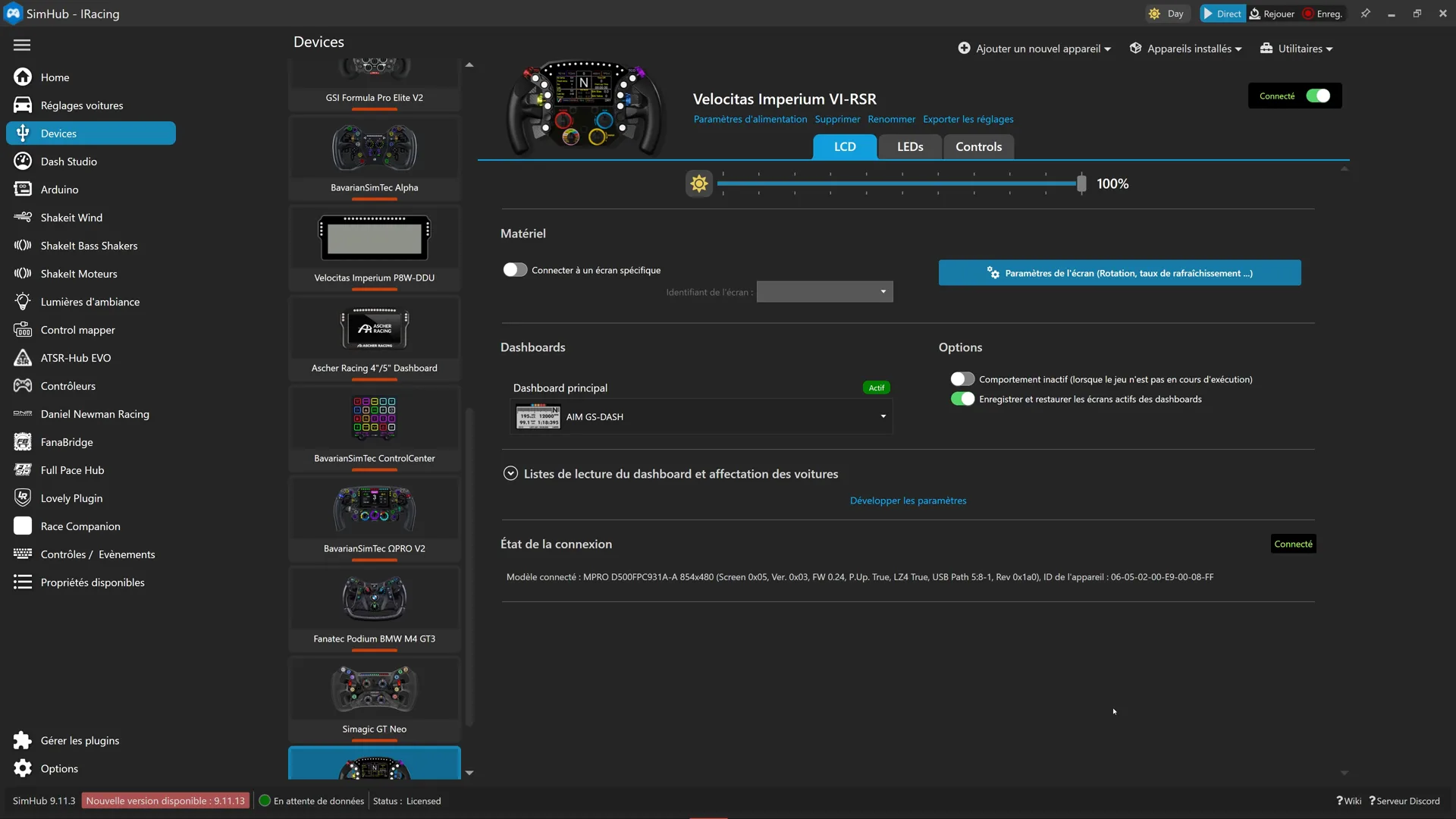 Le VI-RSR reconnu dans SimHub, onglet LCD avec le dashboard et les réglages de luminosité