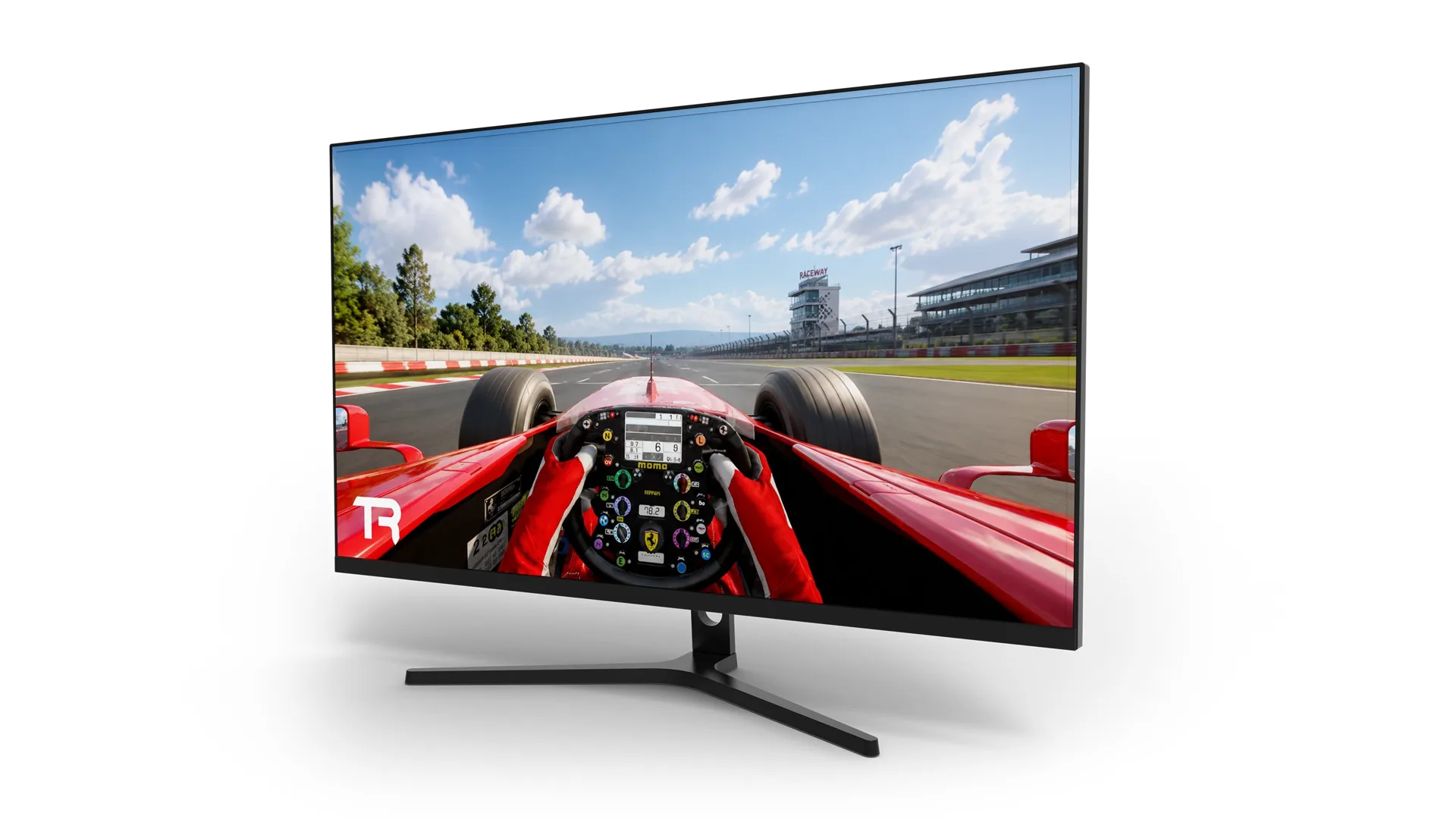 Visuel Trak Racer. Vendu comme un 32 pouces, annoncé 31,5 pouces sur sa fiche, et 718,1 mm de large sans pied : c'est ce dernier chiffre qui compte.