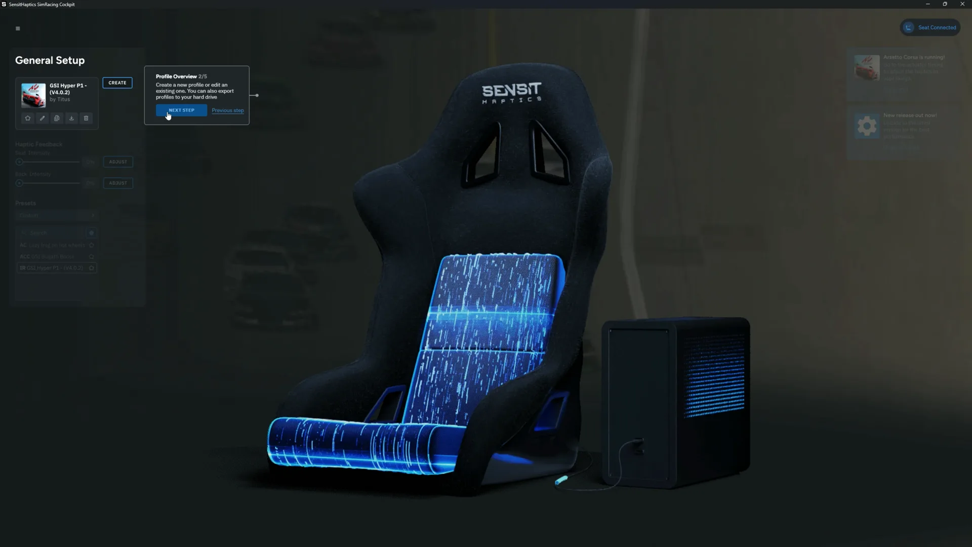 L'application maison SimRacing Cockpit : interface 3D claire, écran de configuration générale.